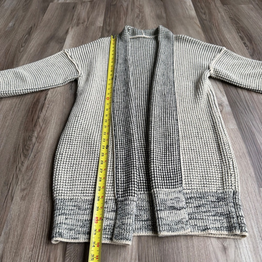Textured Waffle Knit Longline Open Front Cardigan Sweater Black Cream XL - Picture 4 of 5